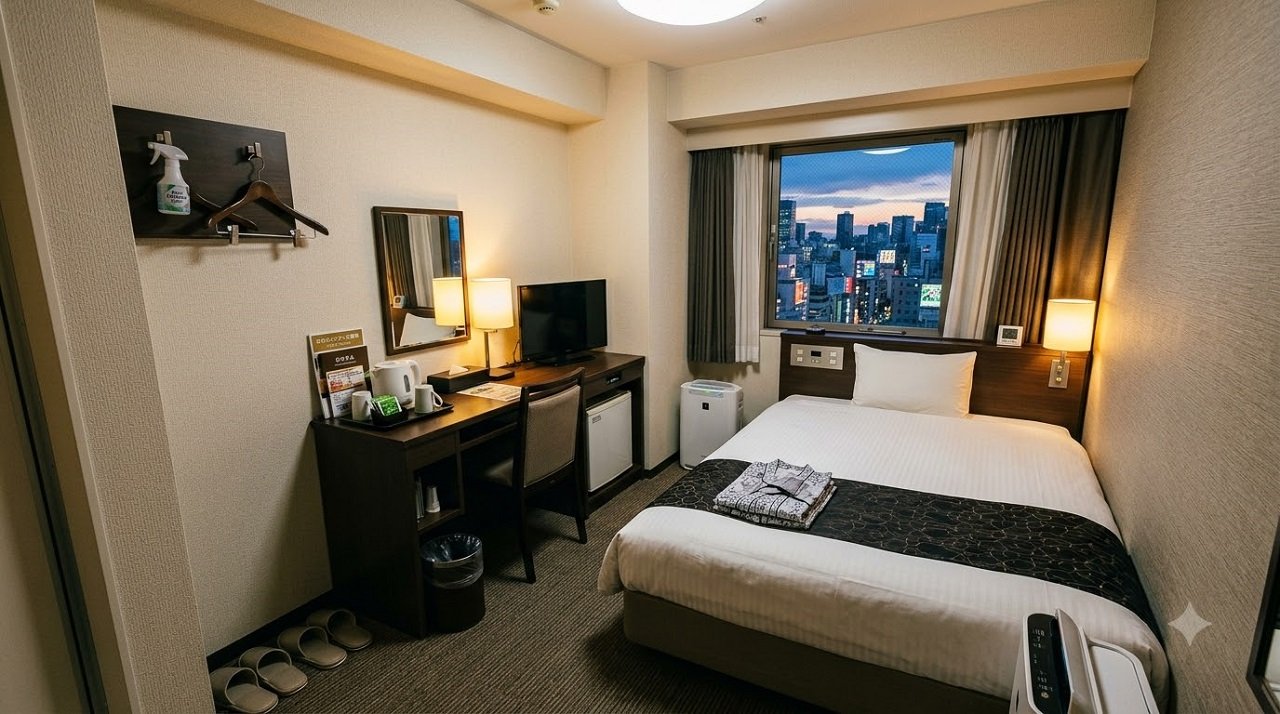  Business hotel room in Japan, a mid-range accommodation option for one-week travelers