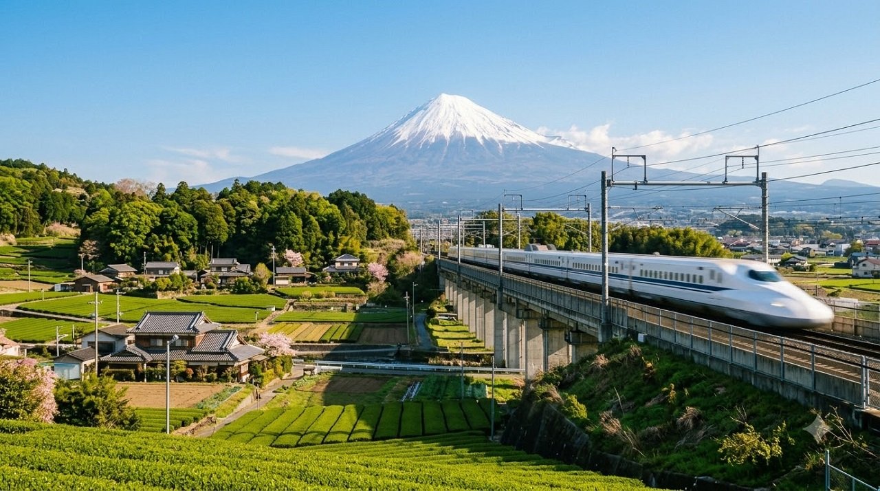 Shinkansen bullet train passing Mount Fuji, Japan's inter-city transport optio