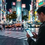 Traveler checking budget in Tokyo at night, planning a one-week Japan trip cost