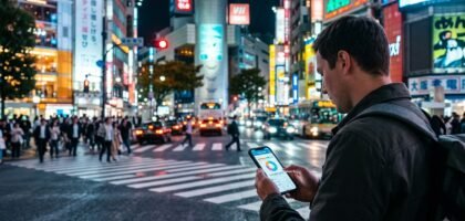 Traveler checking budget in Tokyo at night, planning a one-week Japan trip cost