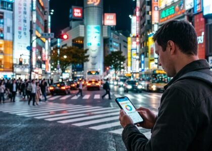 Traveler checking budget in Tokyo at night, planning a one-week Japan trip cost