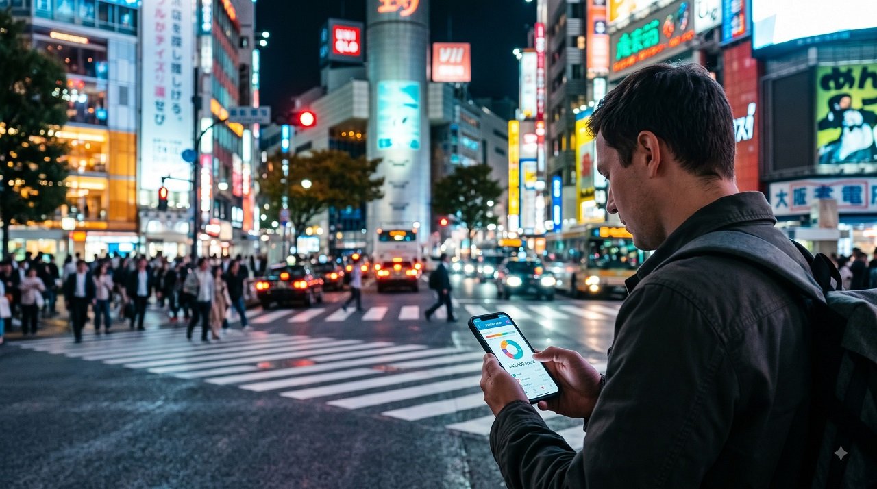 Traveler checking budget in Tokyo at night, planning a one-week Japan trip cost