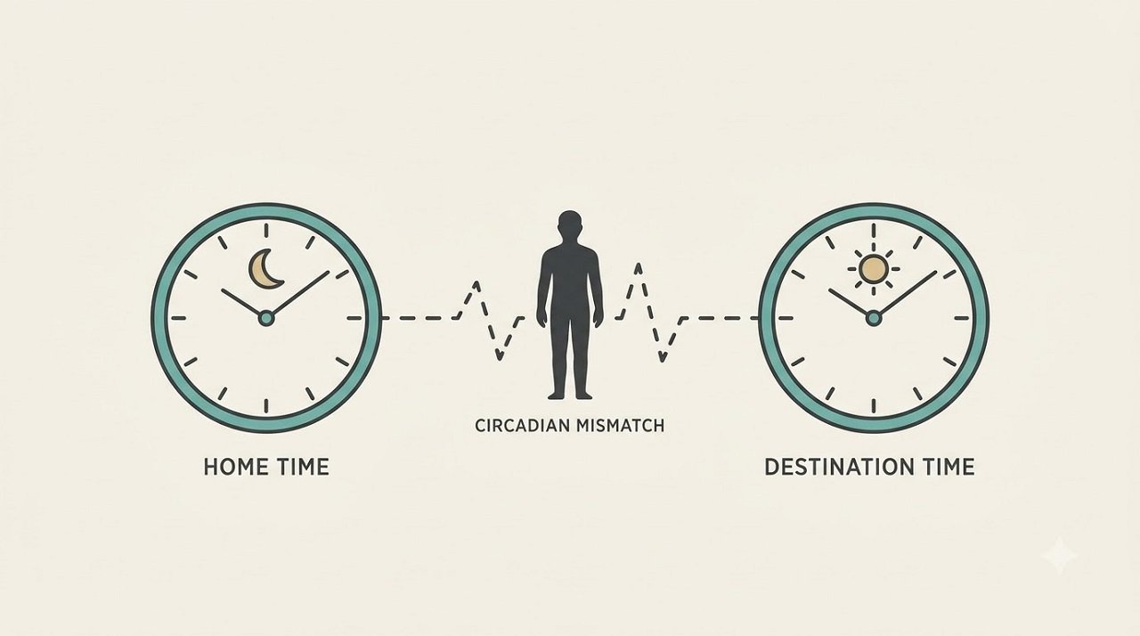 Vector silhouette between two clocks illustrating the circadian mismatch that causes jet lag