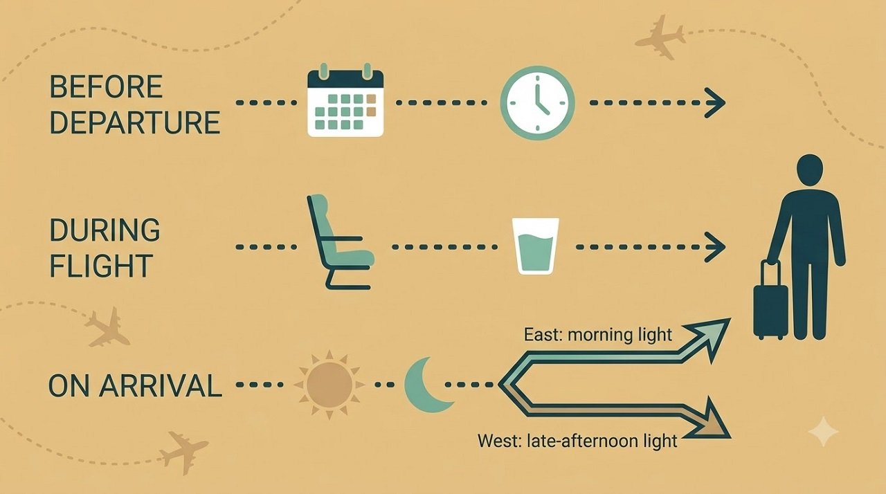 Vector timeline infographic showing a day-by-day jet lag framework for before departure, during flight, and on arrival