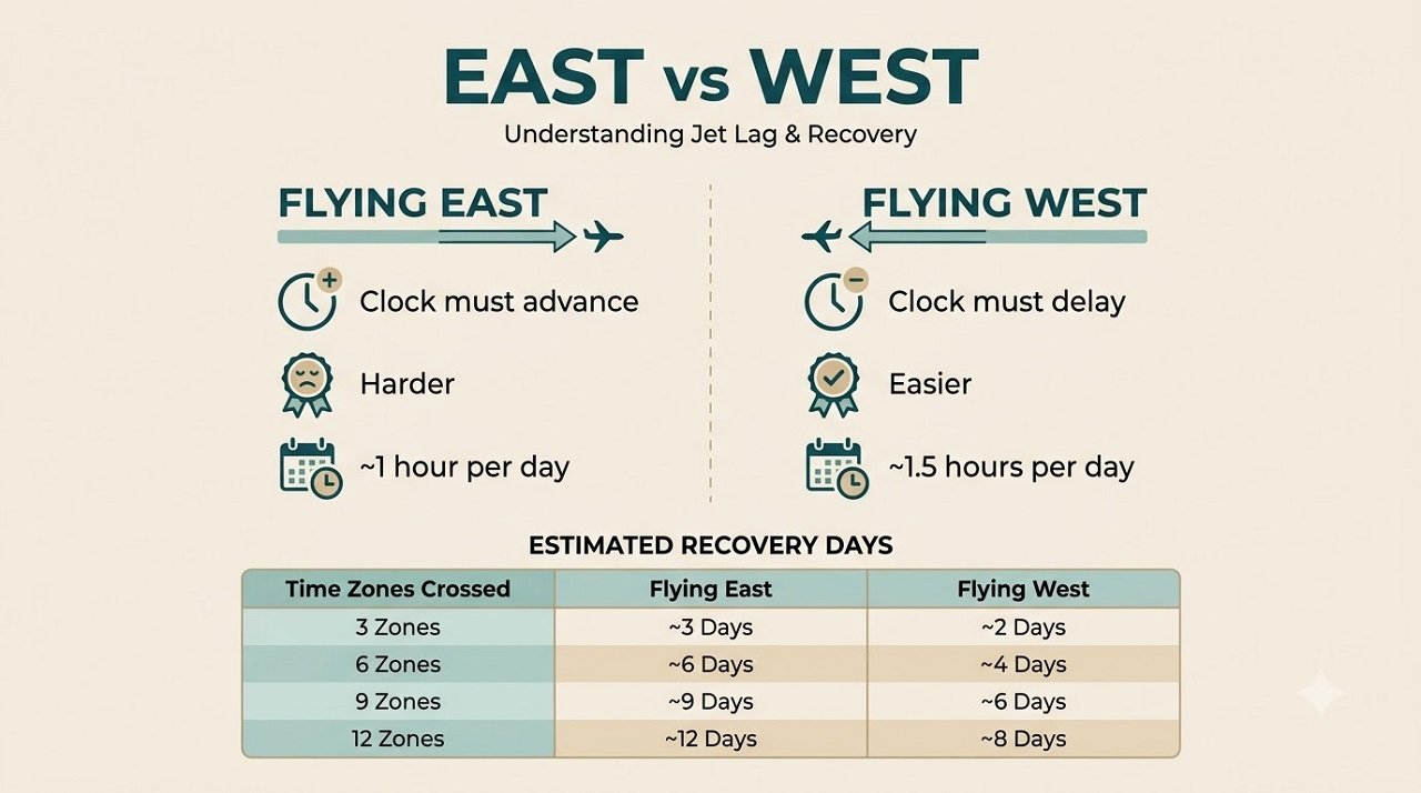 Infographic comparing eastward and westward jet lag adaptation rates and recovery times