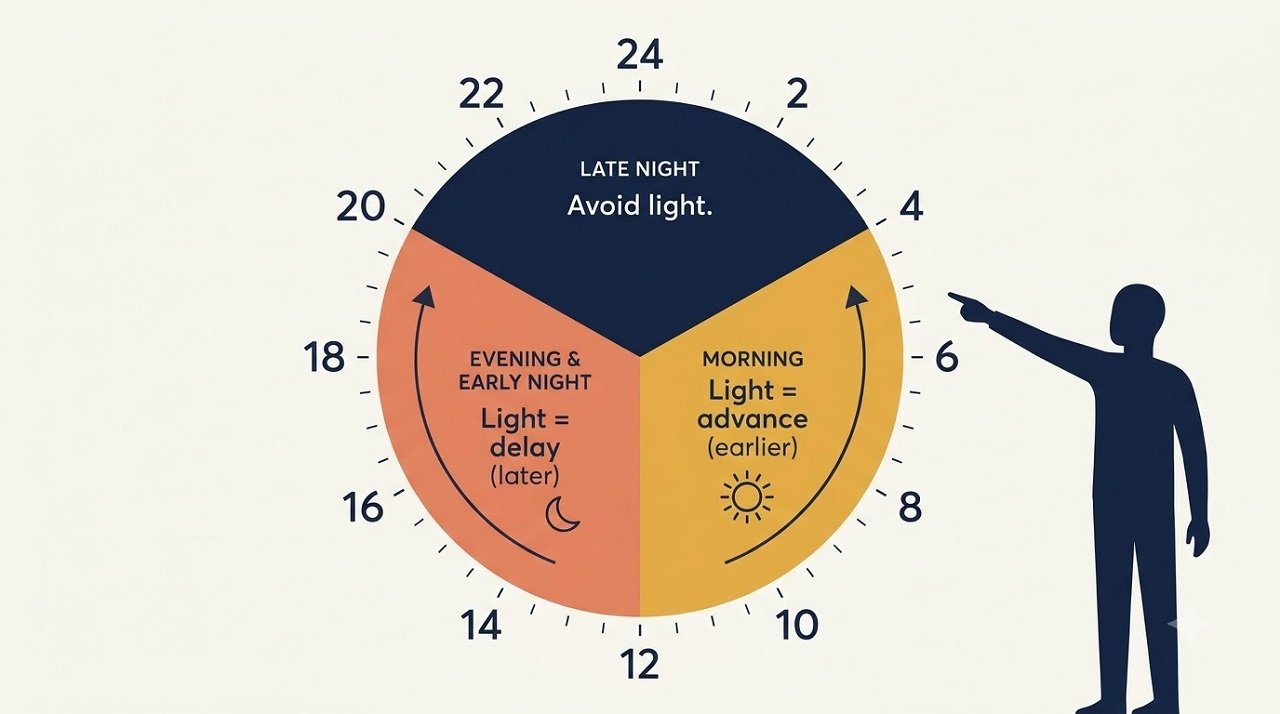 Vector illustration of a 24-hour clock showing how morning light advances the body clock and evening light delays it
