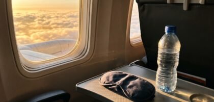 Airplane window at sunrise with a sleeping mask and water bottle, illustrating jet lag and light exposure during long-haul travel