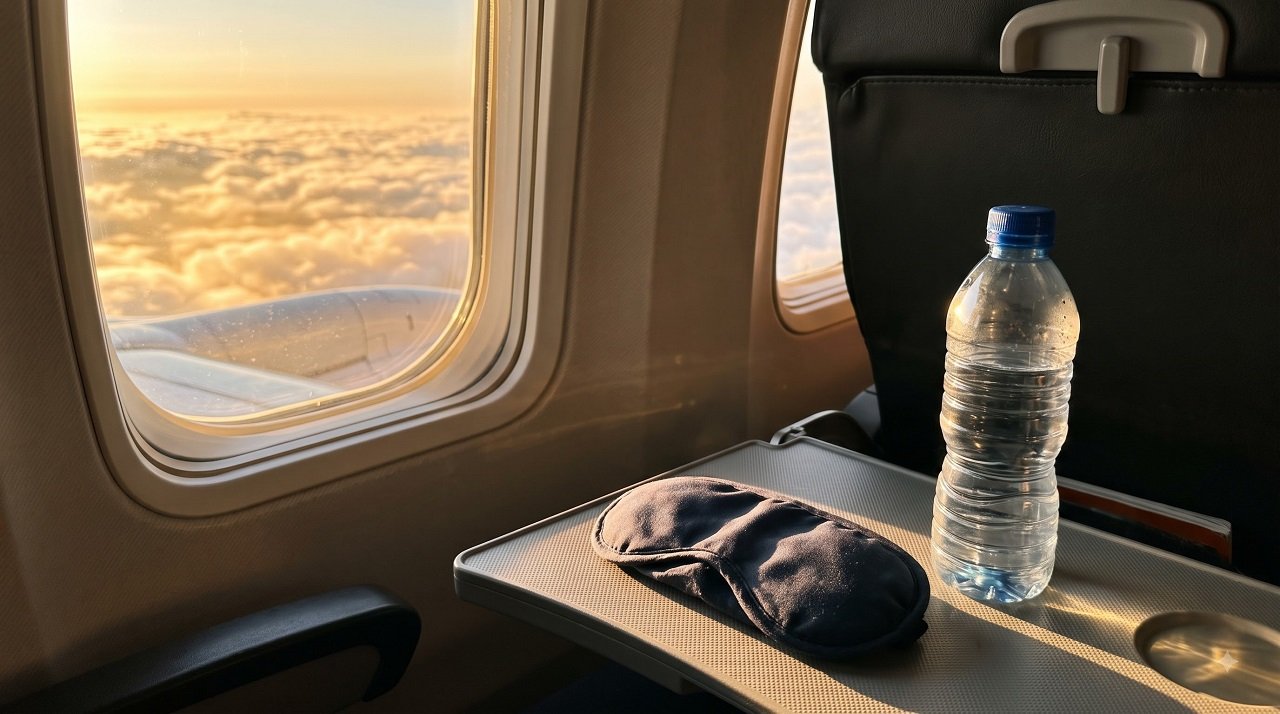 Airplane window at sunrise with a sleeping mask and water bottle, illustrating jet lag and light exposure during long-haul travel