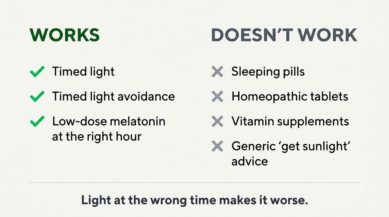Infographic comparing jet lag remedies that work against those that do not