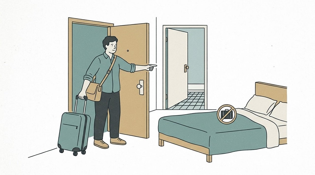 Editorial illustration of a traveller leaving their suitcase in the bathroom before inspecting a hotel room for bed bugs