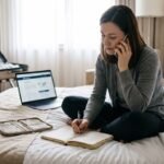 Traveller on the phone arranging help after losing a passport abroad, with a notebook and document pouch on the bed