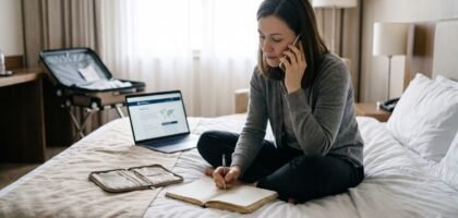 Traveller on the phone arranging help after losing a passport abroad, with a notebook and document pouch on the bed