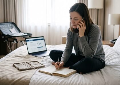 Traveller on the phone arranging help after losing a passport abroad, with a notebook and document pouch on the bed