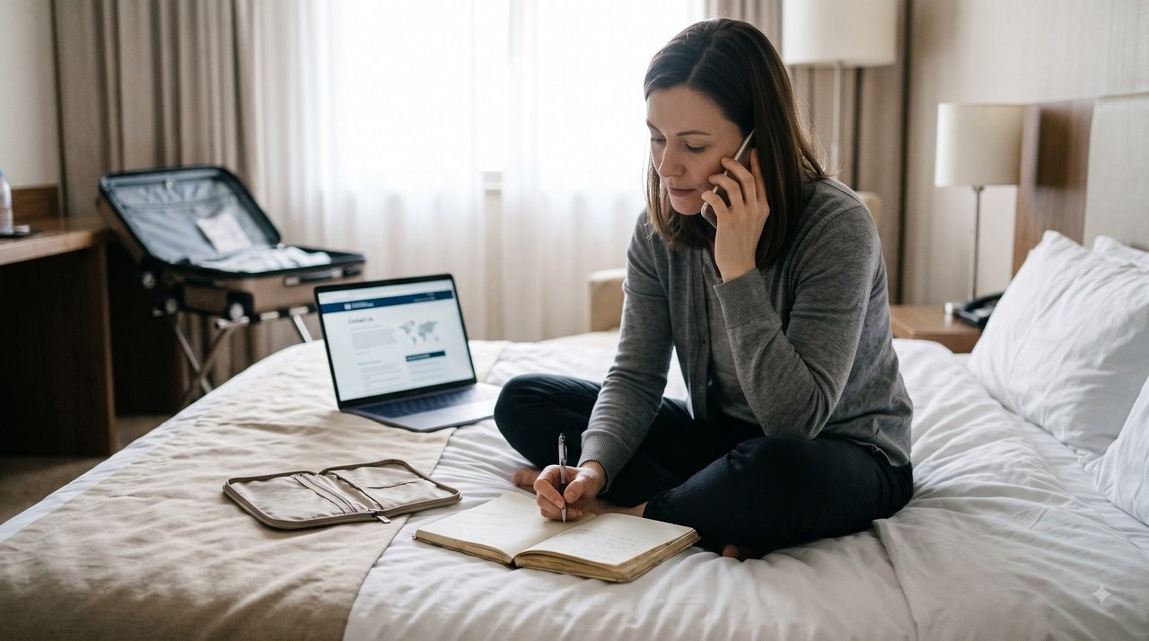 Traveller on the phone arranging help after losing a passport abroad, with a notebook and document pouch on the bed