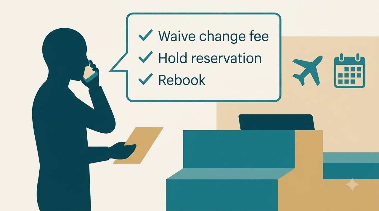 Flat vector silhouette at an airline desk requesting a change fee waiver and reservation hold after losing a passport