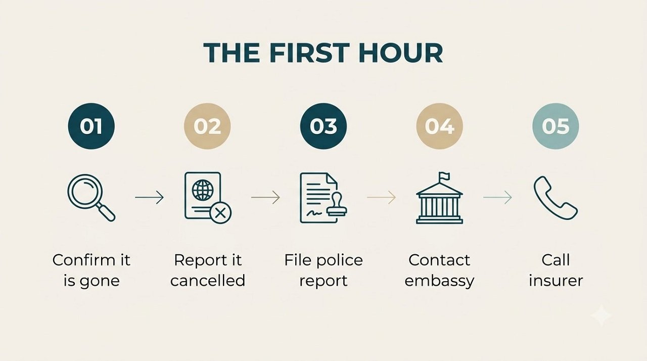Infographic showing the five steps to take in the first hour after losing a passport abroad