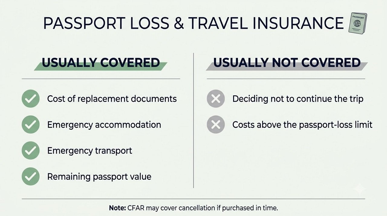 Infographic showing what travel insurance usually covers and excludes after a lost passport