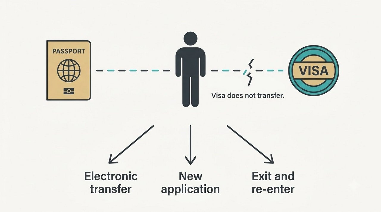 Flat vector illustration of a silhouette between a passport and a visa stamp showing that visas do not transfer automatically
