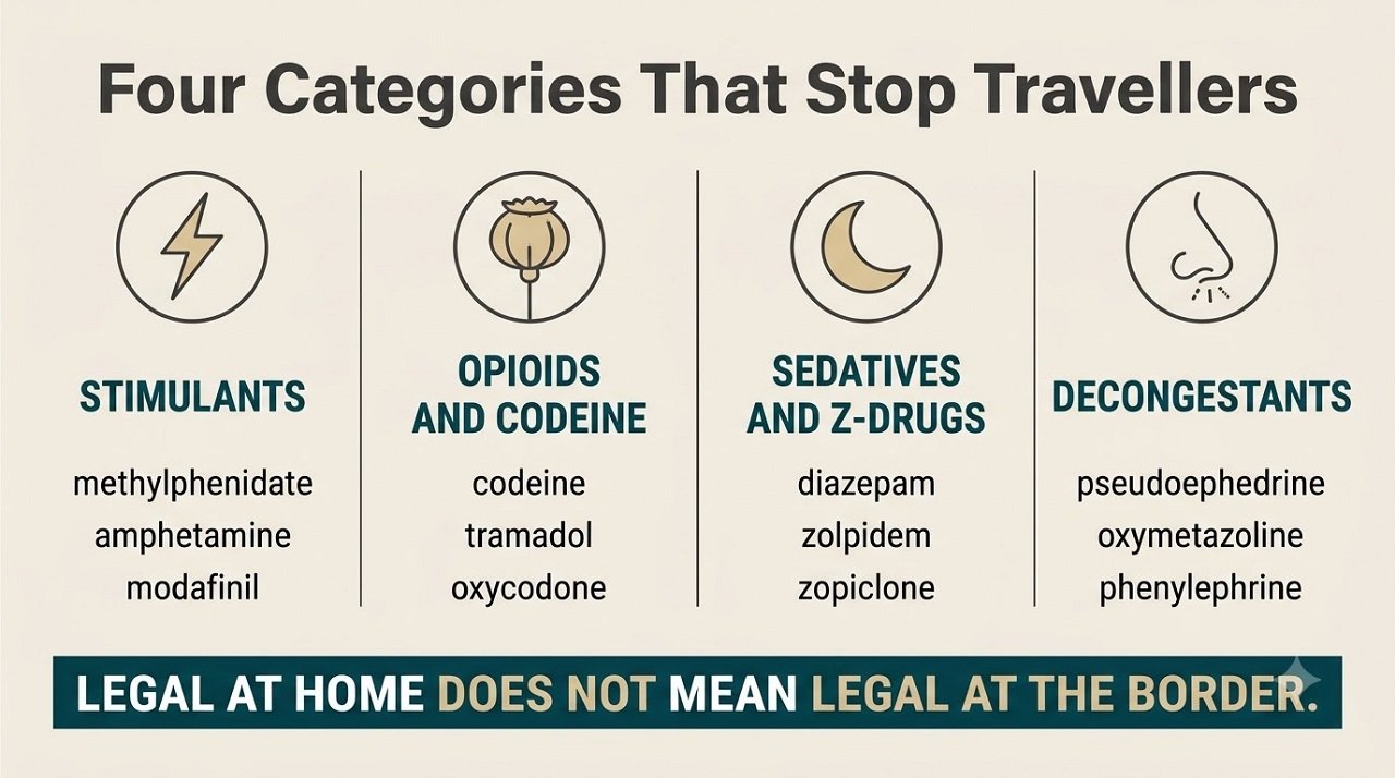 Infographic grouping stimulants, opioids, sedatives, and decongestants as the medication categories most likely to be restricted abroad