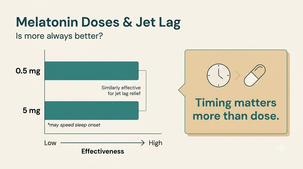 Infographic showing that low-dose melatonin is effective for jet lag and timing matters more than dose