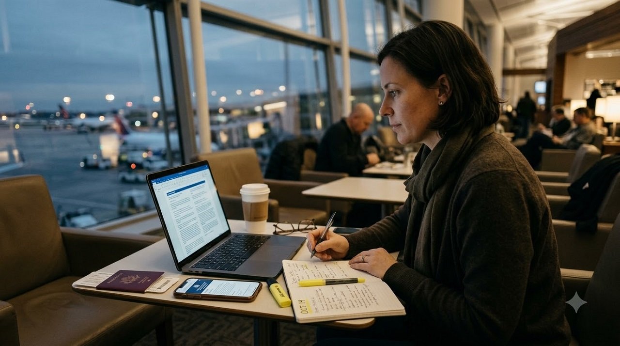 Traveler monitoring a travel advisory and checking insurance policy wording during a trip