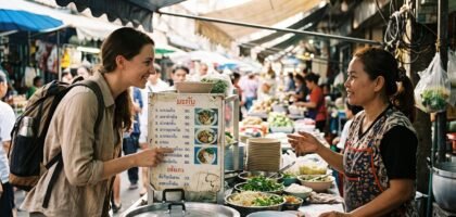 Traveler communicating with a local vendor using gestures at a foreign market