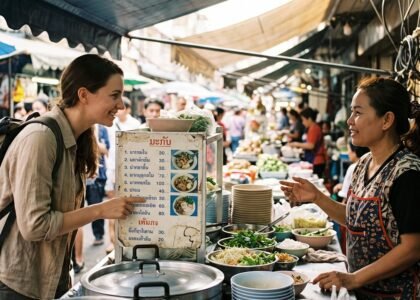 Traveler communicating with a local vendor using gestures at a foreign market