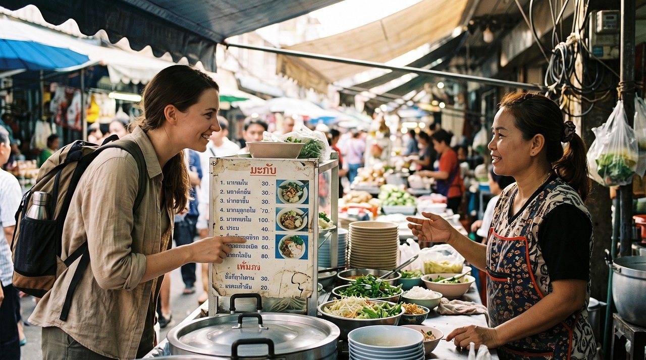 Traveler communicating with a local vendor using gestures at a foreign market