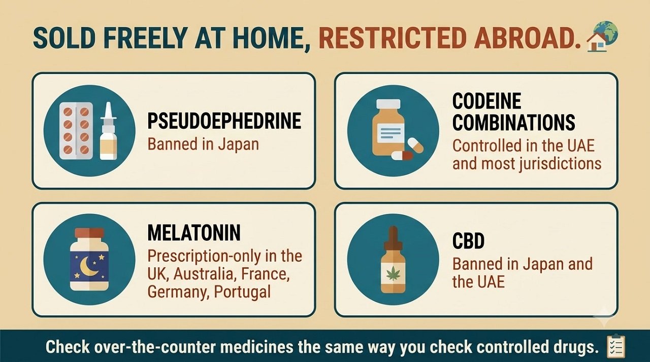 Infographic showing four over-the-counter medicines that are restricted or banned in specific countries
