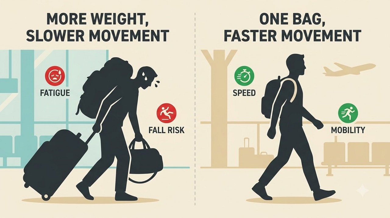 Infographic comparing an overpacked traveler with three bags against a one-bag traveler with better mobility