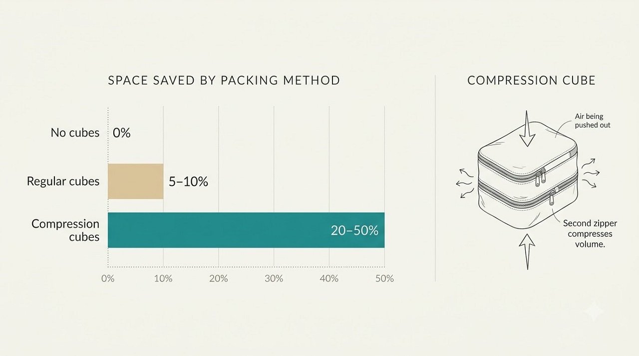 Bar chart comparing space savings of no packing cubes, regular packing cubes, and compression cubes