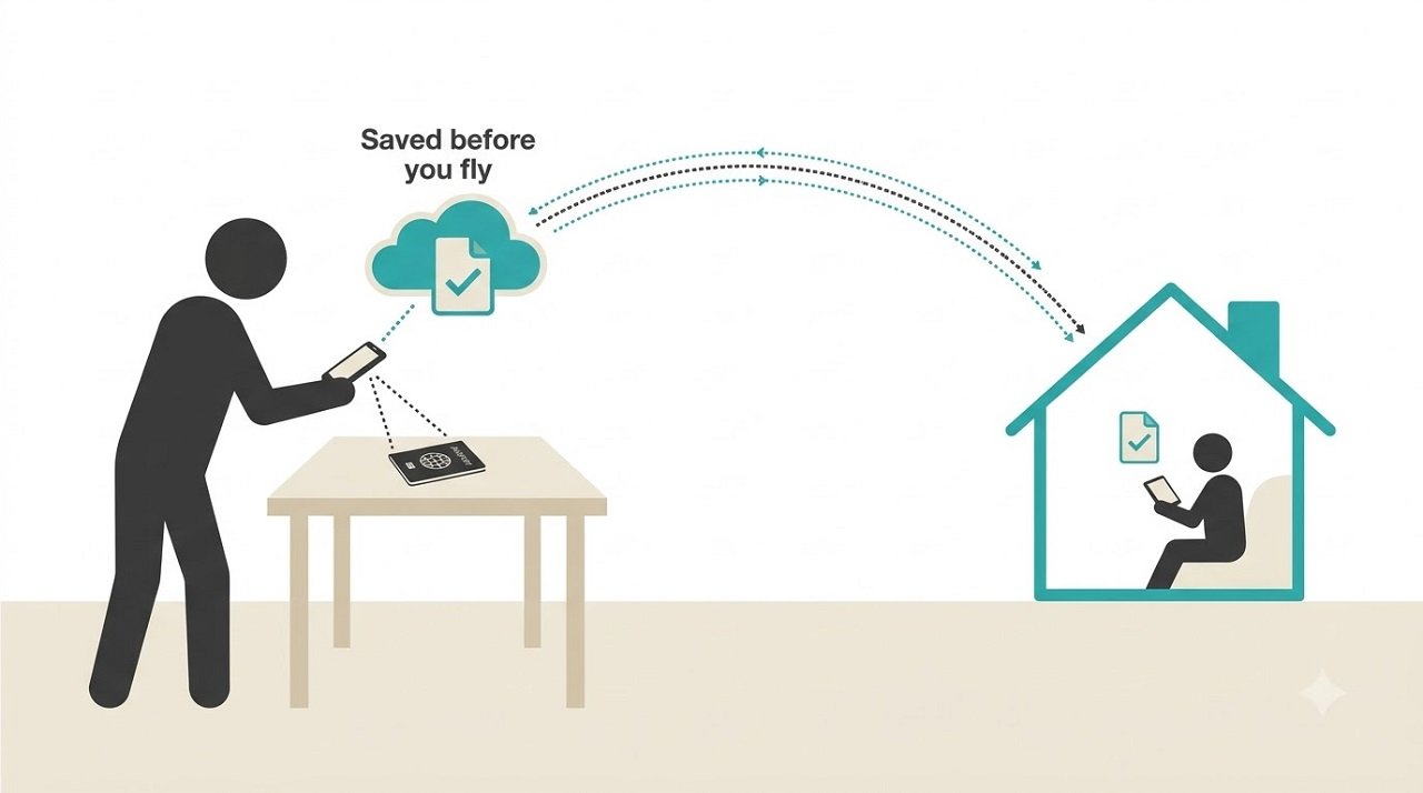 Flat vector illustration of a silhouette photographing a passport and saving it to cloud storage before travelling