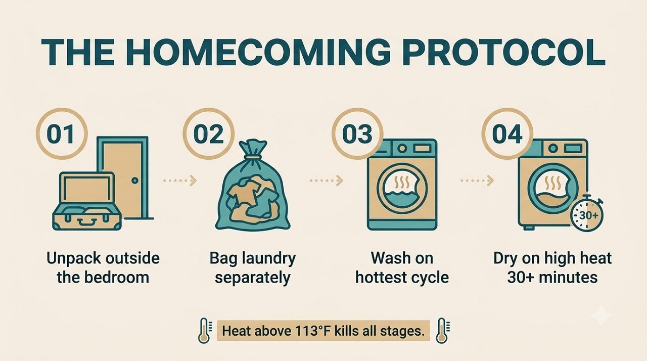  Infographic showing a four-step protocol to prevent bringing bed bugs home from a hotel