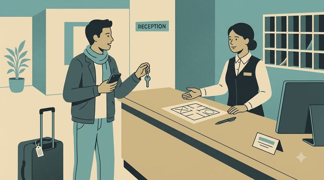 Editorial illustration of a traveller requesting a room change at hotel reception after finding bed bugs