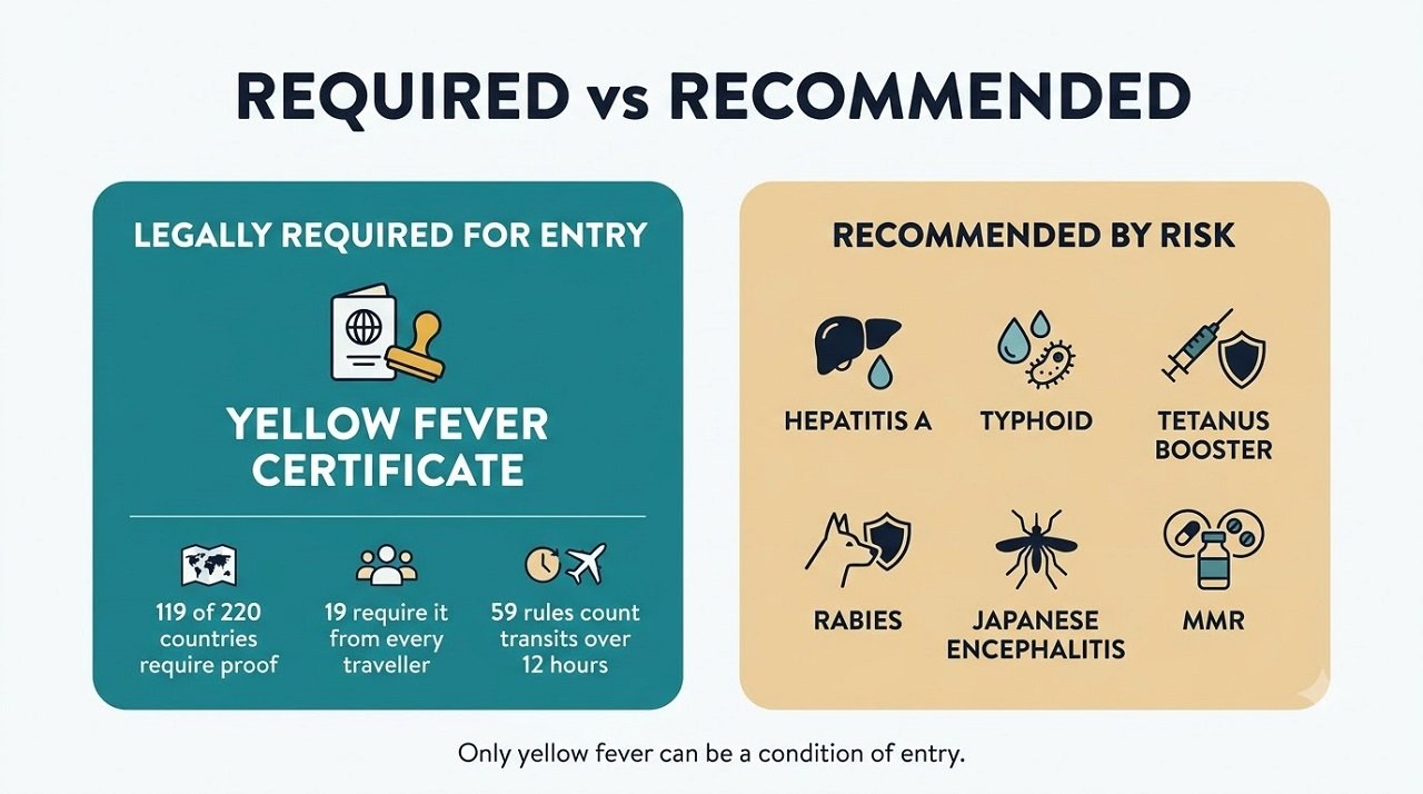 Infographic separating the one legally required travel vaccine from those recommended by destination risk