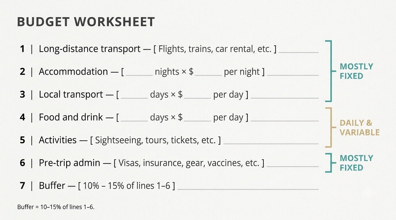 Infographic showing a seven-line travel budget worksheet separating fixed costs from daily costs