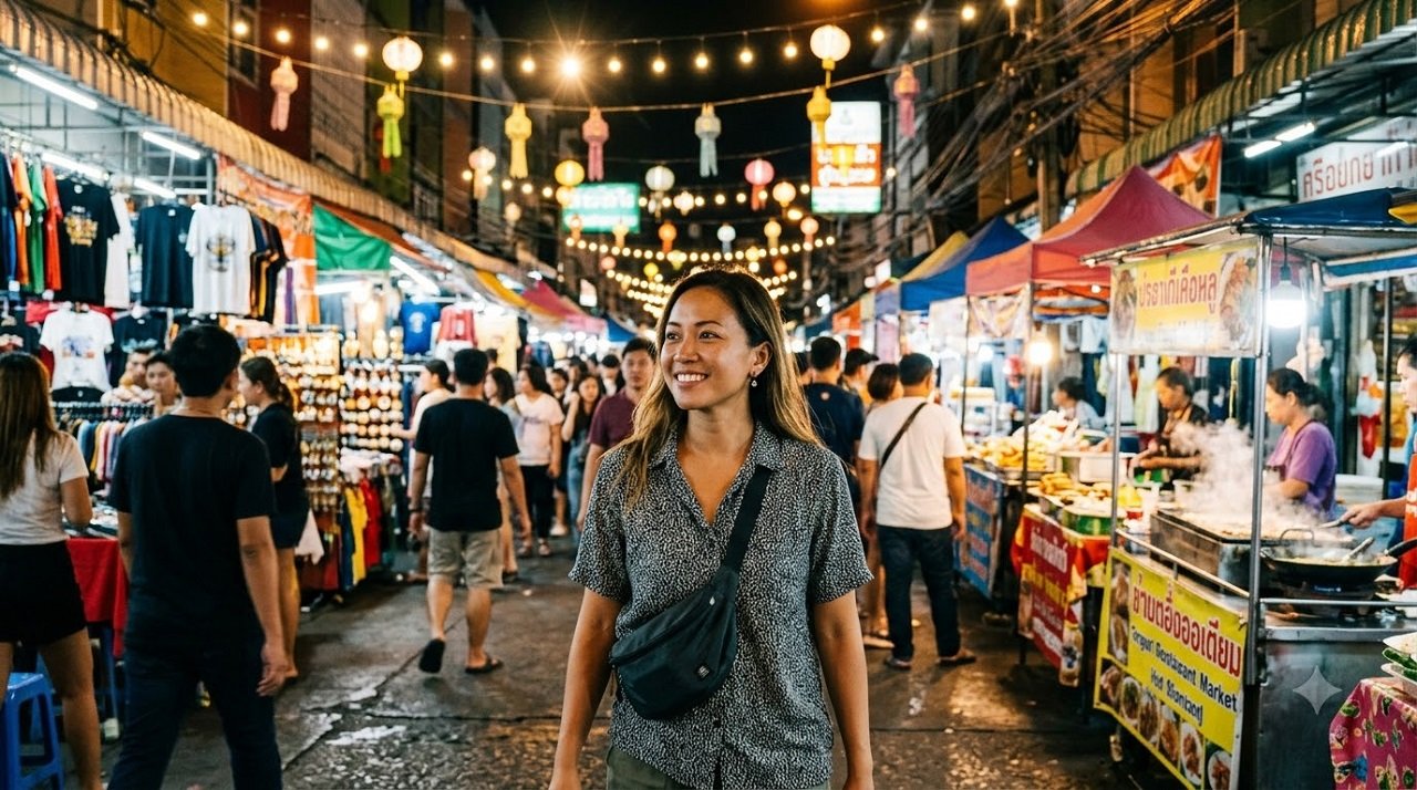 Solo female traveler exploring a vibrant night market with confidence and awareness