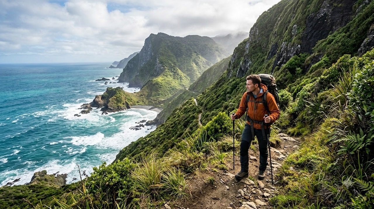 Solo hiker on a dramatic coastal trail in New Zealand, embracing adventure travel alone