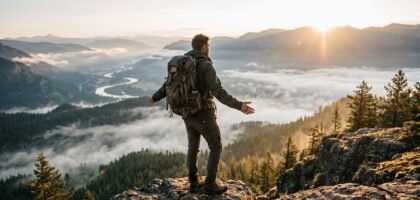 Solo traveler standing on a mountain overlook at sunrise, embracing the freedom of independent travel