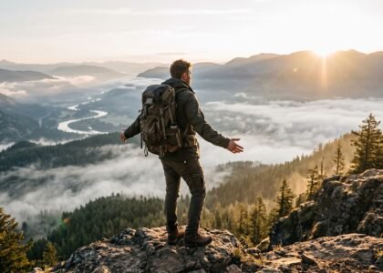 Solo traveler standing on a mountain overlook at sunrise, embracing the freedom of independent travel