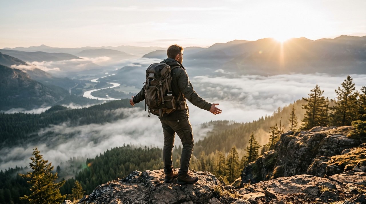 Solo traveler standing on a mountain overlook at sunrise, embracing the freedom of independent travel