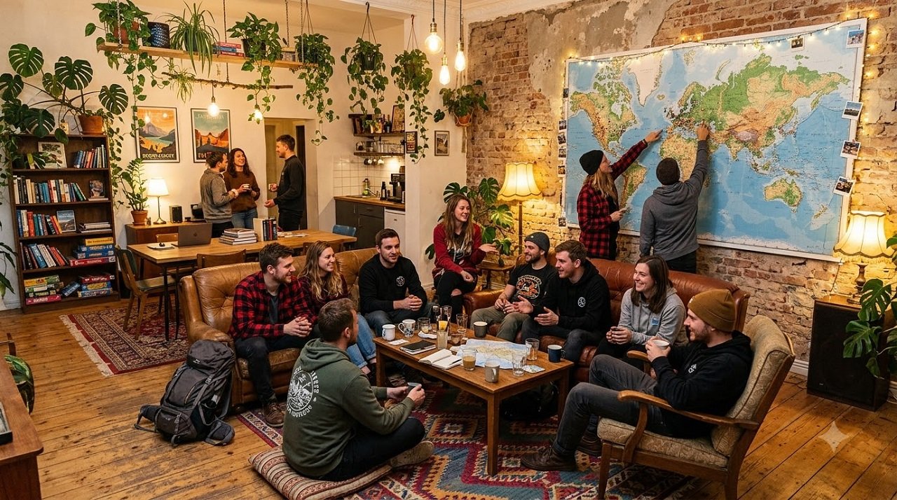 Solo travelers connecting in a cozy hostel common area, building community while traveling alone