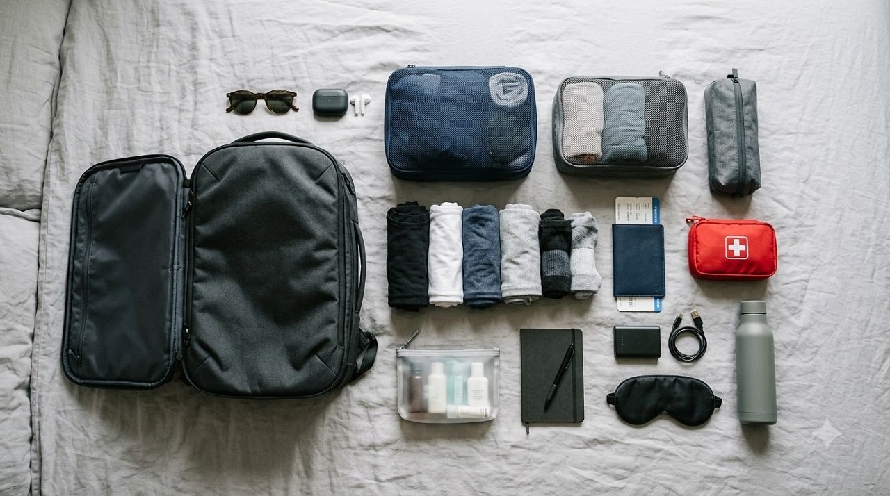 Smartly packed carry-on backpack with packing cubes and solo travel essentials