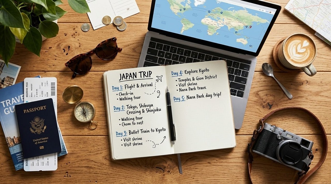 Travel planning setup with notebook, laptop, passport, and camera for solo trip preparation