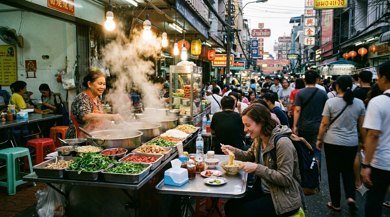 Solo traveler enjoying affordable street food at a bustling local market