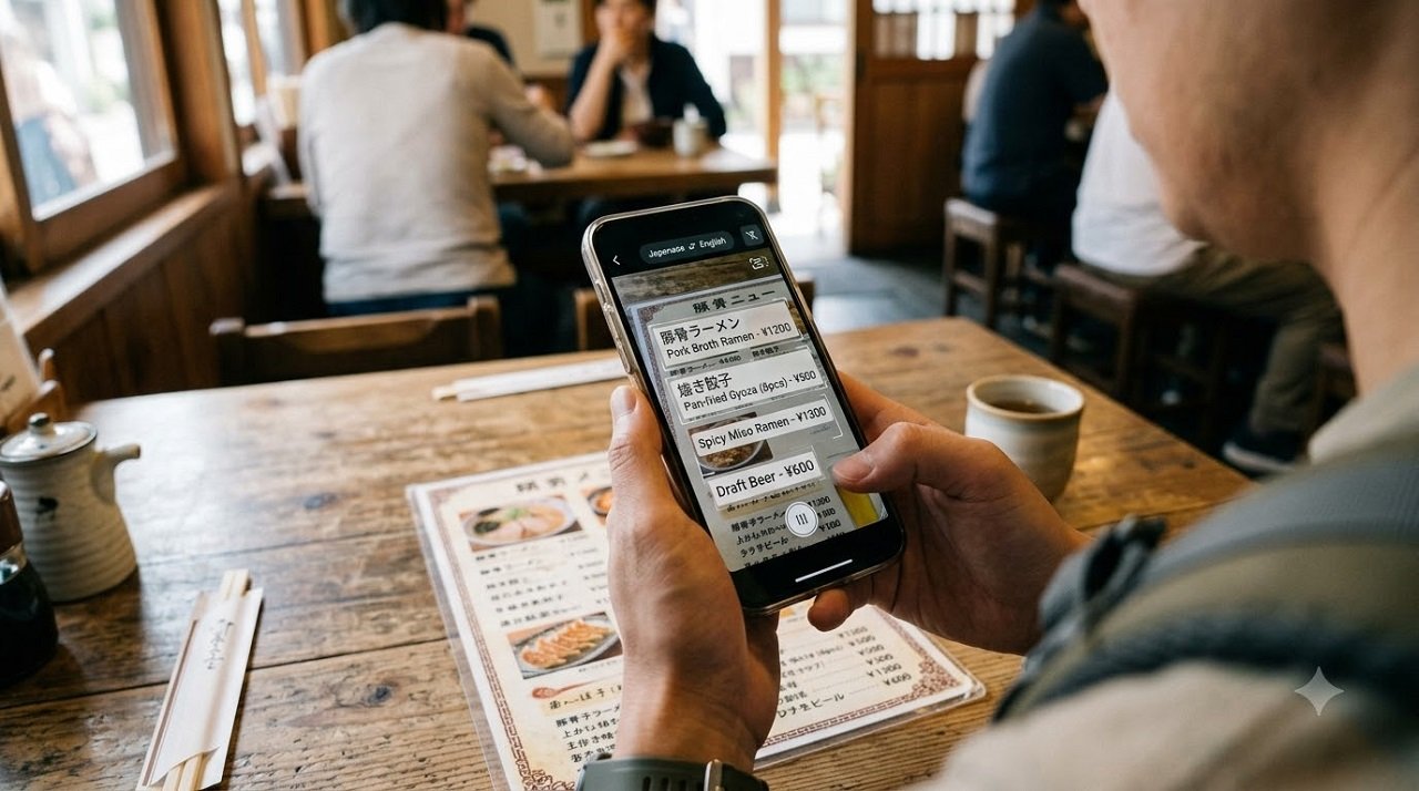 Traveler using a translation app camera feature to read a foreign language menu