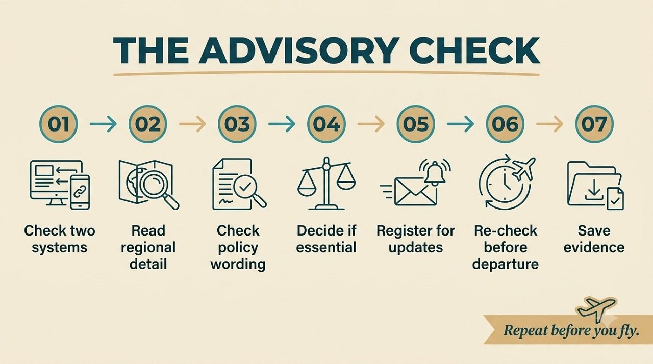 Seven-step infographic for checking and using government travel advisories before a trip