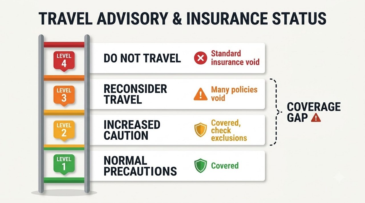 Infographic showing how travel insurance coverage changes across advisory levels, with the biggest gap between Level 2 and Level 3