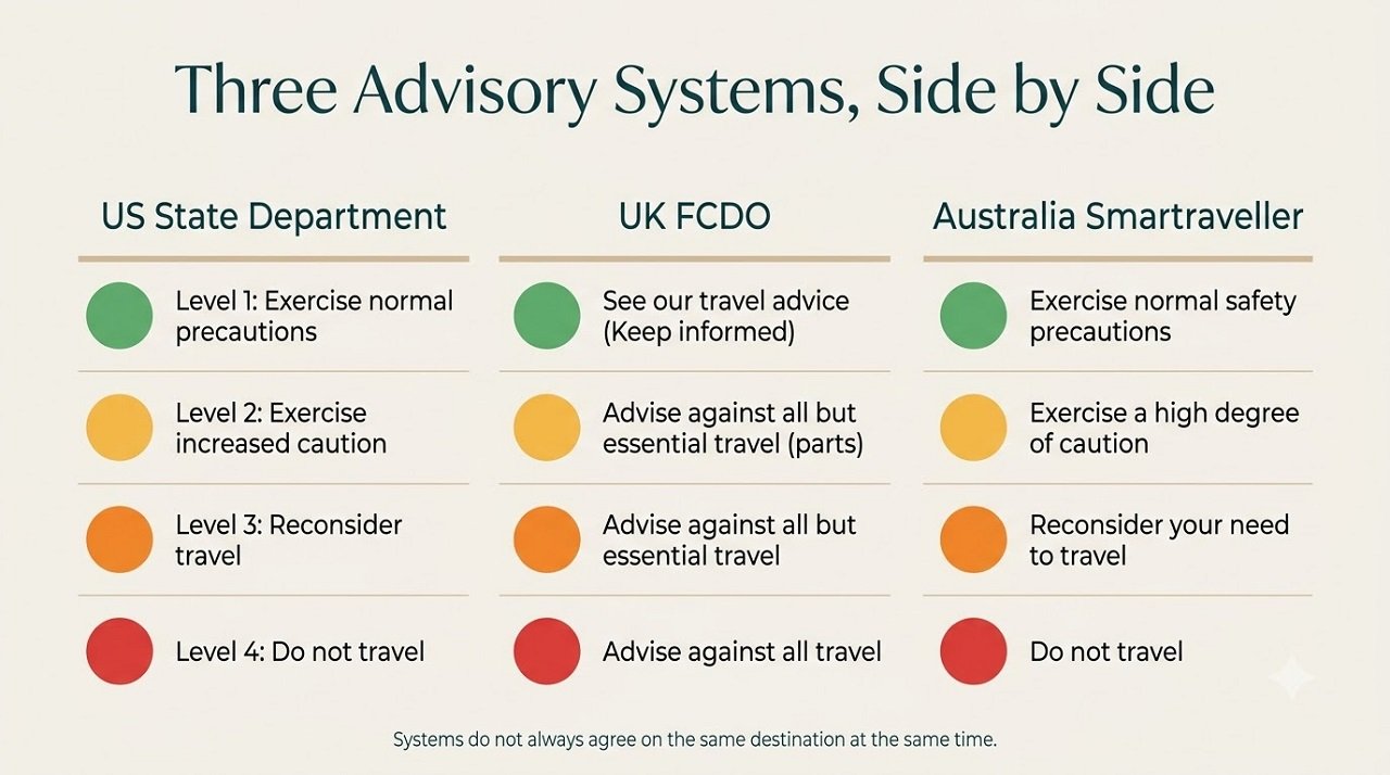 Infographic comparing US State Department, UK FCDO, and Australian Smartraveller travel advisory levels side by side
