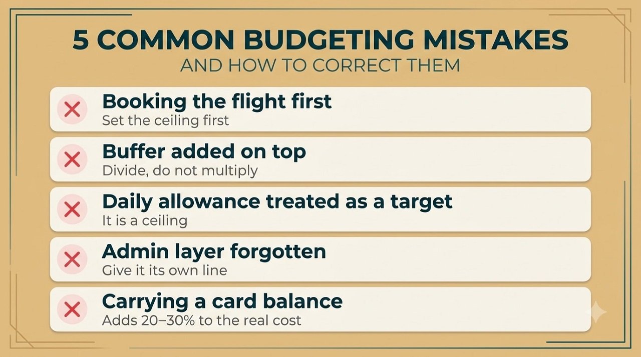  Infographic listing five common travel budgeting mistakes and how to correct each one